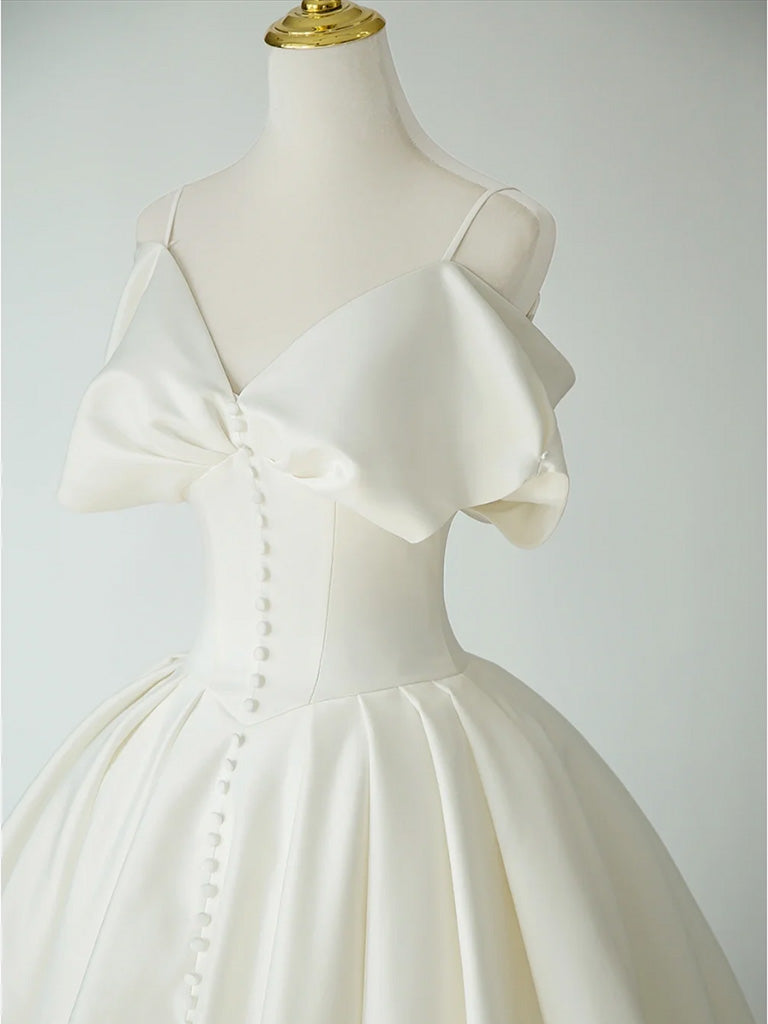 A-Line V Neck Satin ivory Long Prom Dress, ivory Long Formal Dress