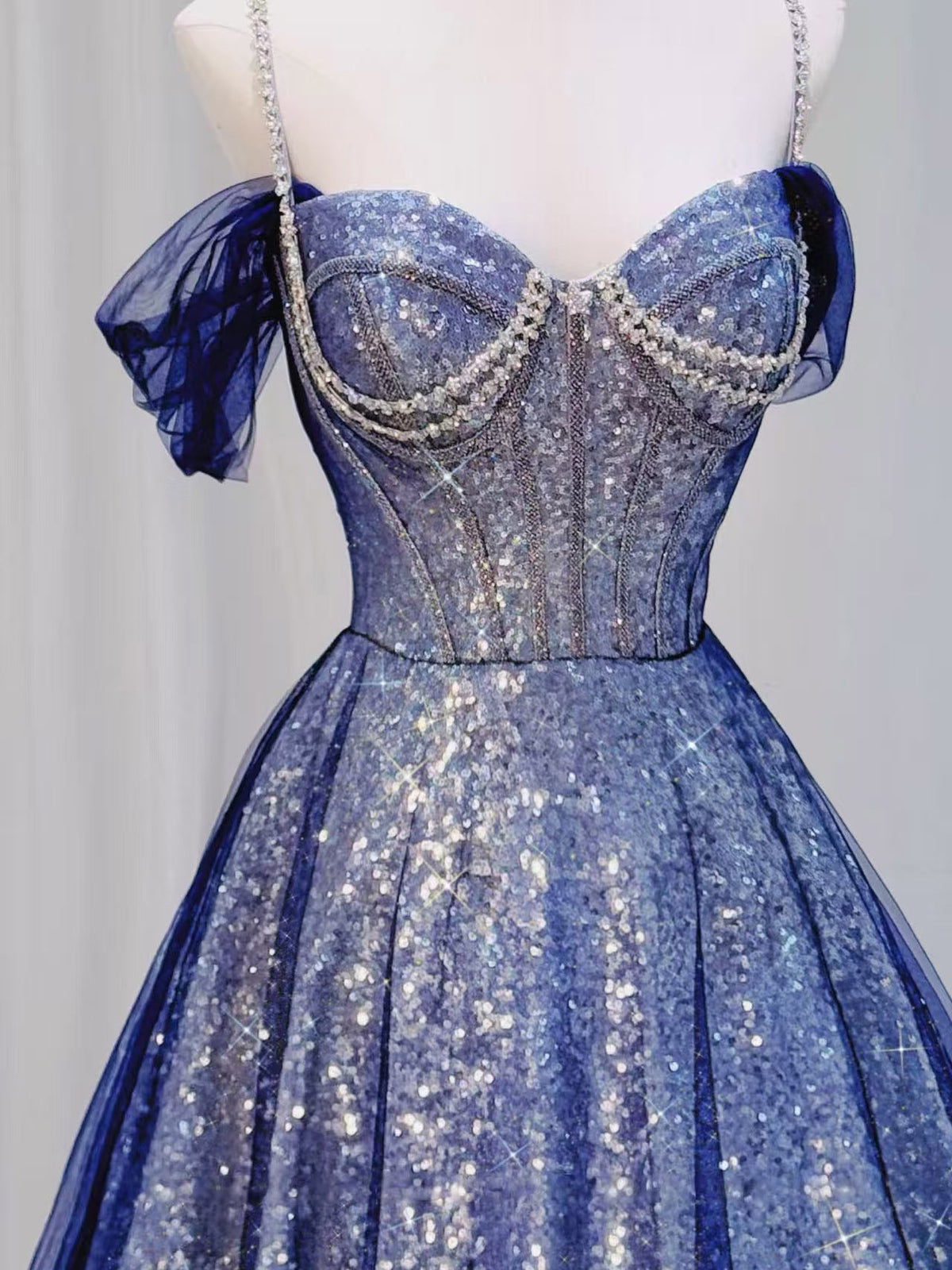A-Line Sweetheart Off Shoulder Floor Length Blue Prom Dress with Beads