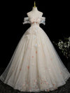 A-Line Sweetheart Neck Tulle Lace Light Champagne Long Prom Dress with Flower