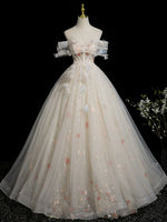 A-Line Sweetheart Neck Tulle Lace Light Champagne Long Prom Dress with Flower