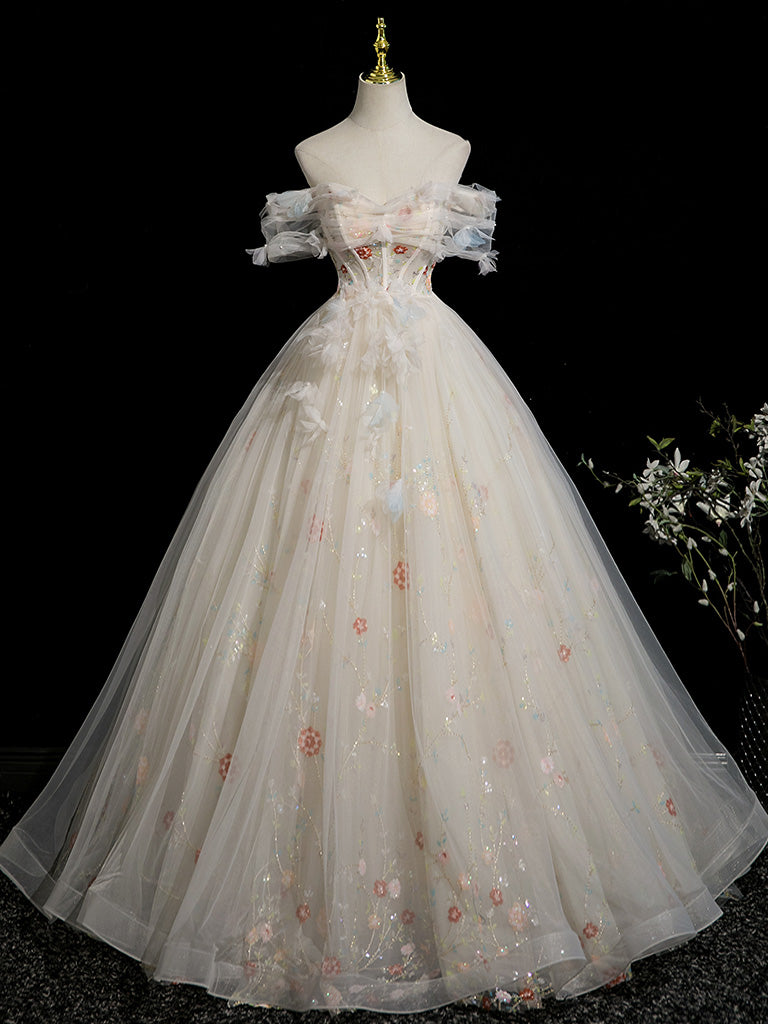 A-Line Sweetheart Neck Tulle Lace Light Champagne Long Prom Dress with Flower