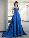 A-Line Sweetheart Neck Satin Blue Long Prom Dress, Blue Long Formal Dress