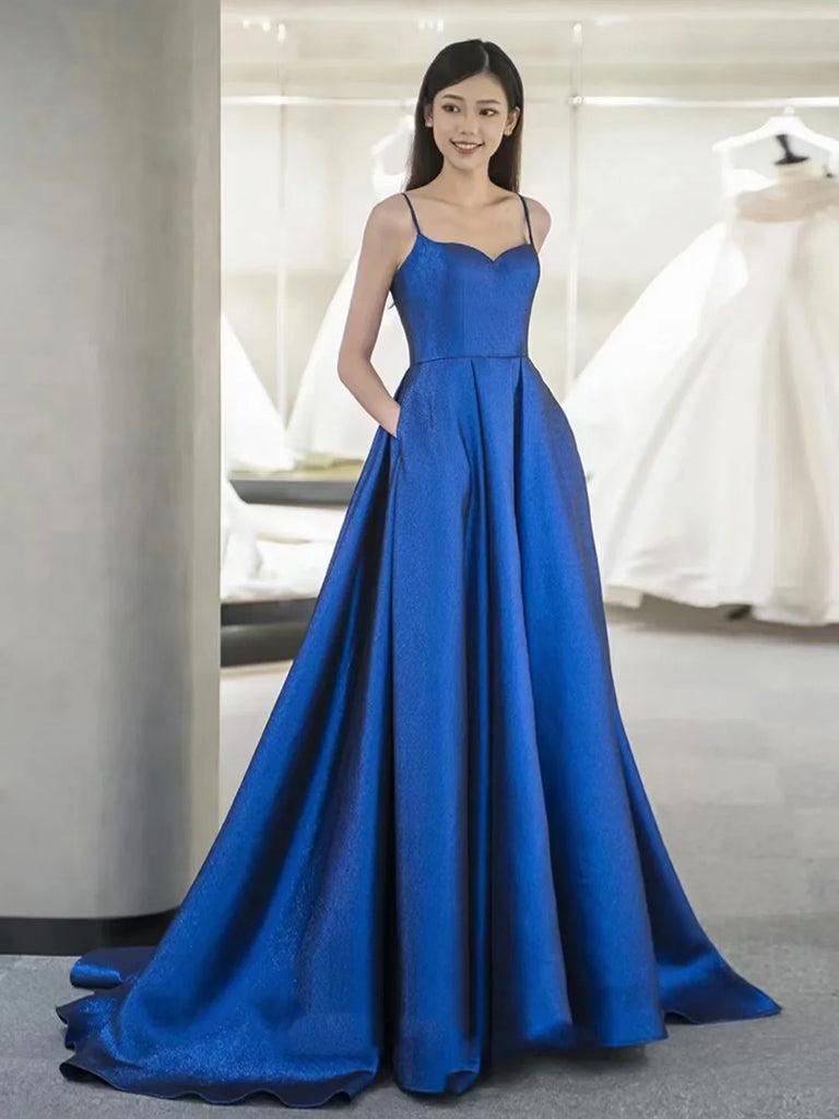 A-Line Sweetheart Neck Satin Blue Long Prom Dress, Blue Long Formal Dr – shopluu