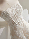 A-Line Tulle Lace Light Champagne Long Wedding Dress with Bow