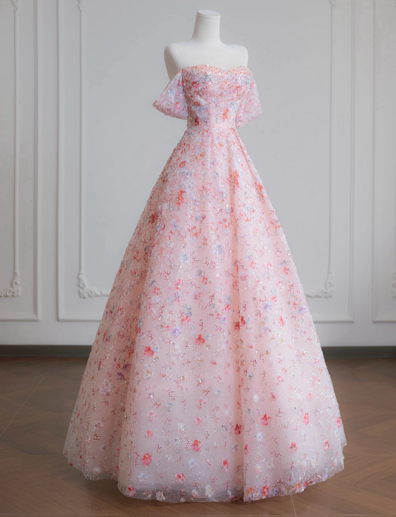 A-Line Lace Sequin Pink Long Prom Dress, Pink Long Sweet 16 Dress