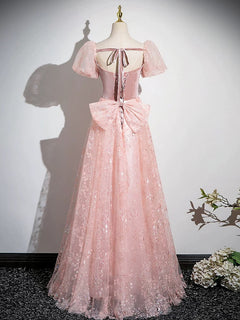A-Line Tulle Lace Velvet Pink Long Prom Dress, Pink Long Formal Dress