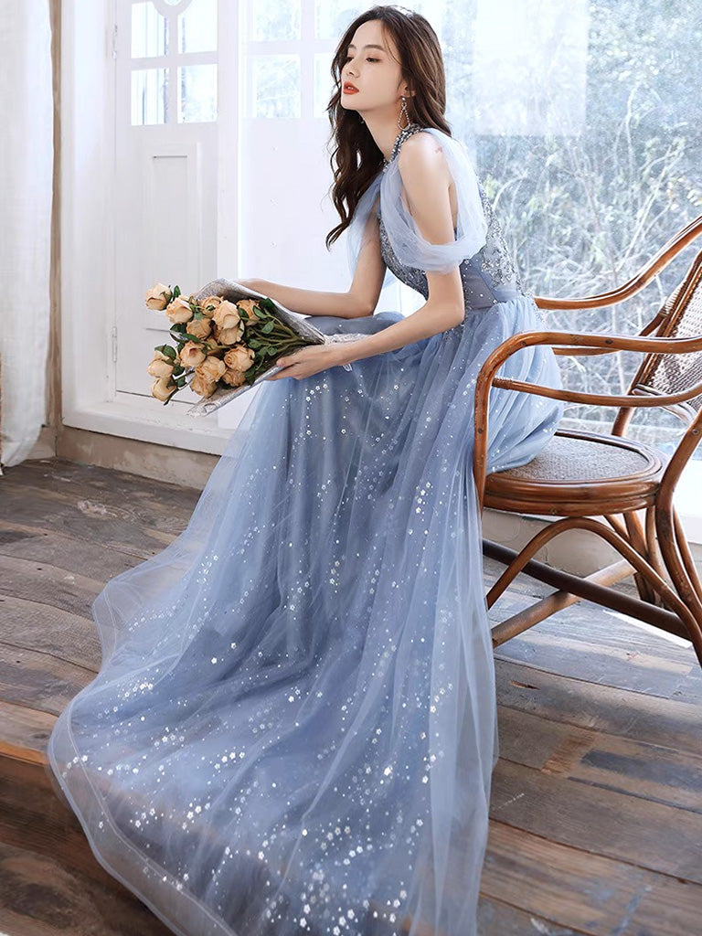 A-Line Off Shoulder Tulle Blue Long Prom Dress, Blue Lace Long Formal Dress