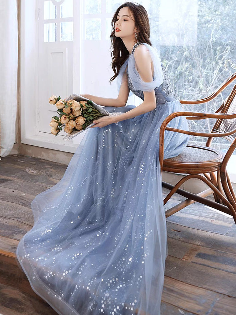 A-Line Off Shoulder Tulle Blue Long Prom Dress, Blue Lace Long Formal Dress A-Line Off Shoulder Tulle Blue Long Prom Dress, Blue Lace Long Formal Dress