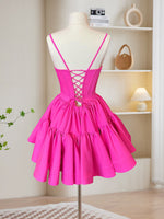 A-Line Pink Satin Short Prom Dress, Backless Cute Pink Homecoming Dress