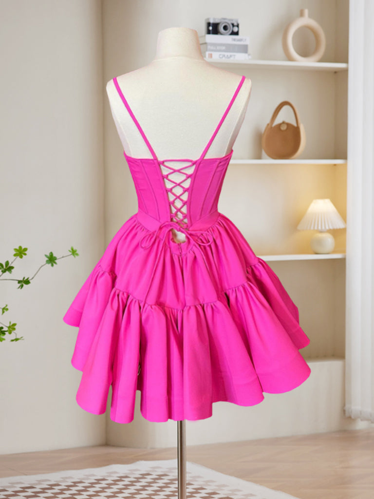 A-Line Pink Satin Short Prom Dress, Backless Cute Pink Homecoming Dres – shopluu