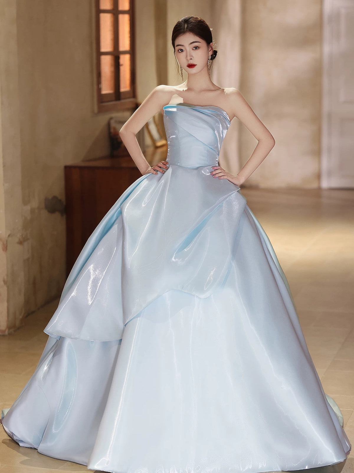 Ball Gown A-line Satin Sweep Train Blue Long Prom Dress
