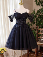 A-Line Sweetheart Neck Tulle Flower Black Short Prom Dress, Black Homecoming Dress