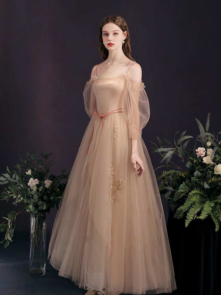 A-Line Champagne Tulle Formal Dress with Appliques – Dreamdressy