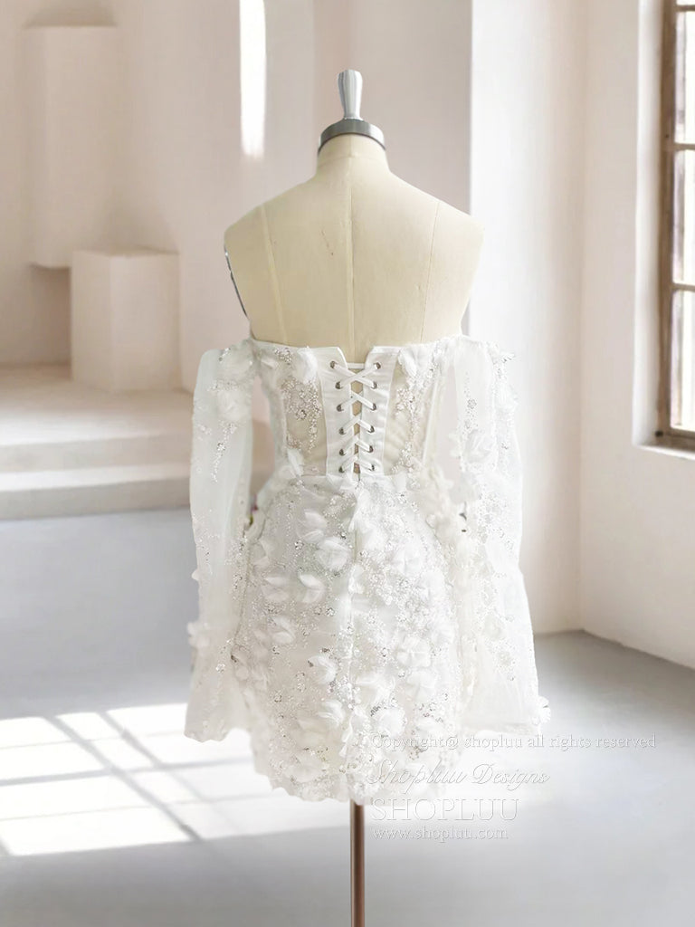 White Long Sleeve Tulle 3D Flower Short Prom Dress, White Homecoming Dress
