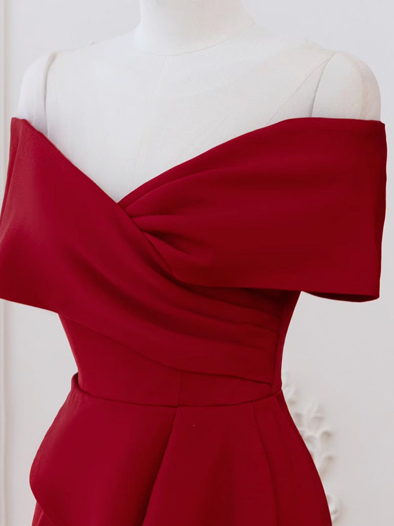 A-Line V Neck Off Shoulder Burgundy Long Prom Dress, Burgundy Long Formal Dress