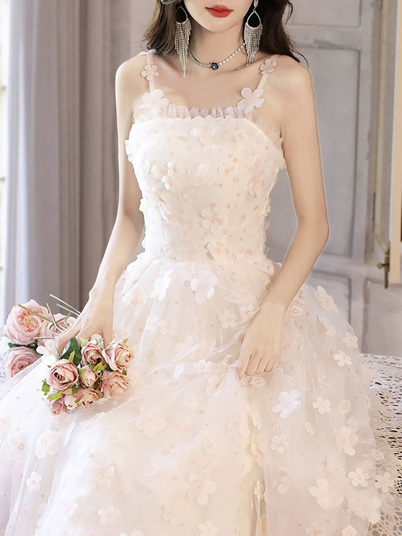 White A-Line Tulle Flower Long Prom Dress, White Formal Evening Dress – shopluu