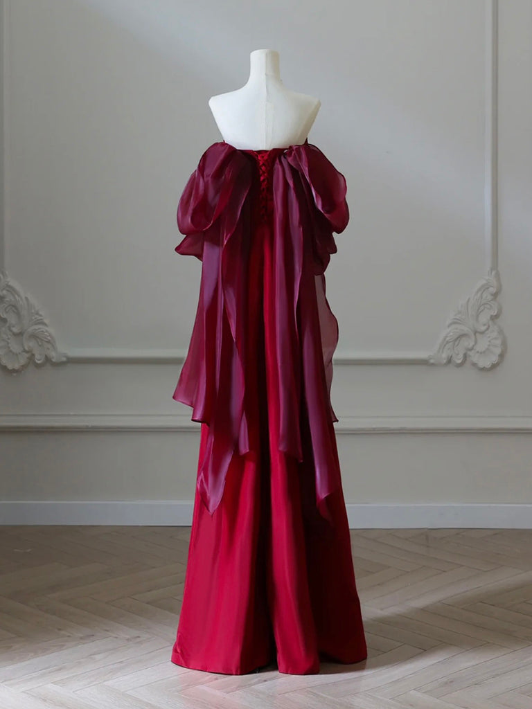 A-Line Satin Burgundy Long Prom Dress, Burgundy Long Evening Dress