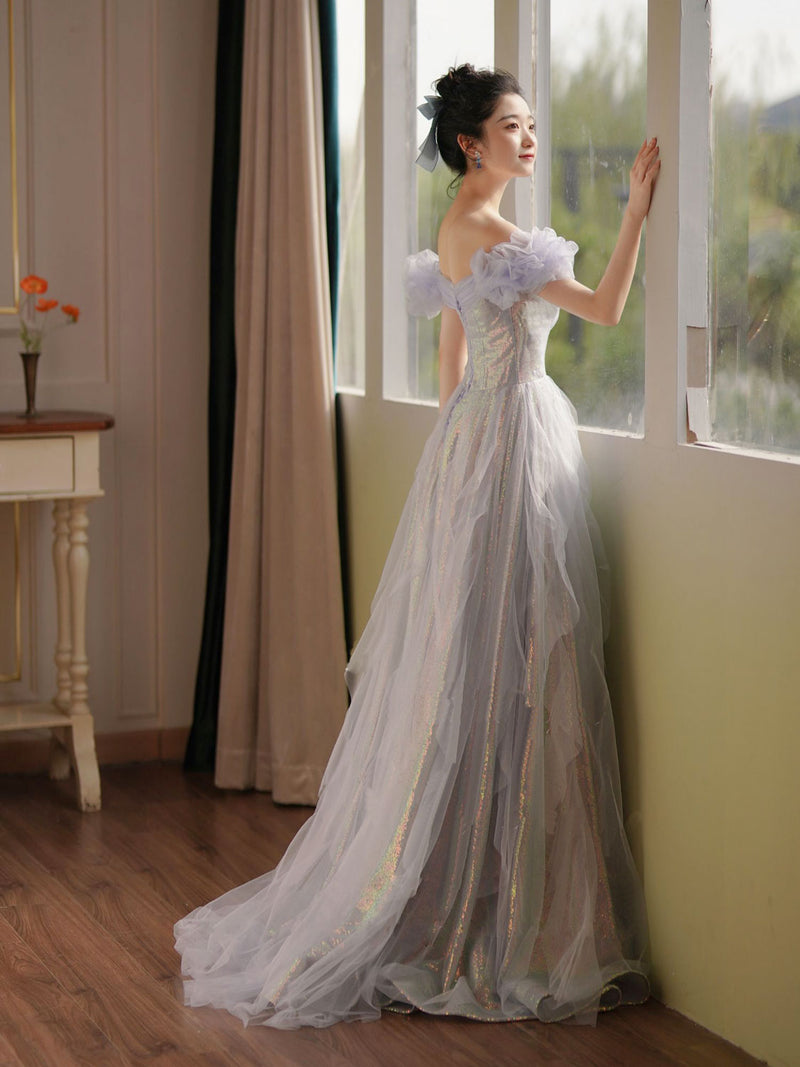 Purple Off Shoulder Tulle Sequin Long Prom Dress, Purple Formal Dress US 8 / Purple Purple Off Shoulder Tulle Sequin Long Prom Dress, Purple Formal Dress US 8 / Purple