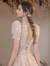 A-Line High Neck Lace Champagne Long Prom Dress with Beads