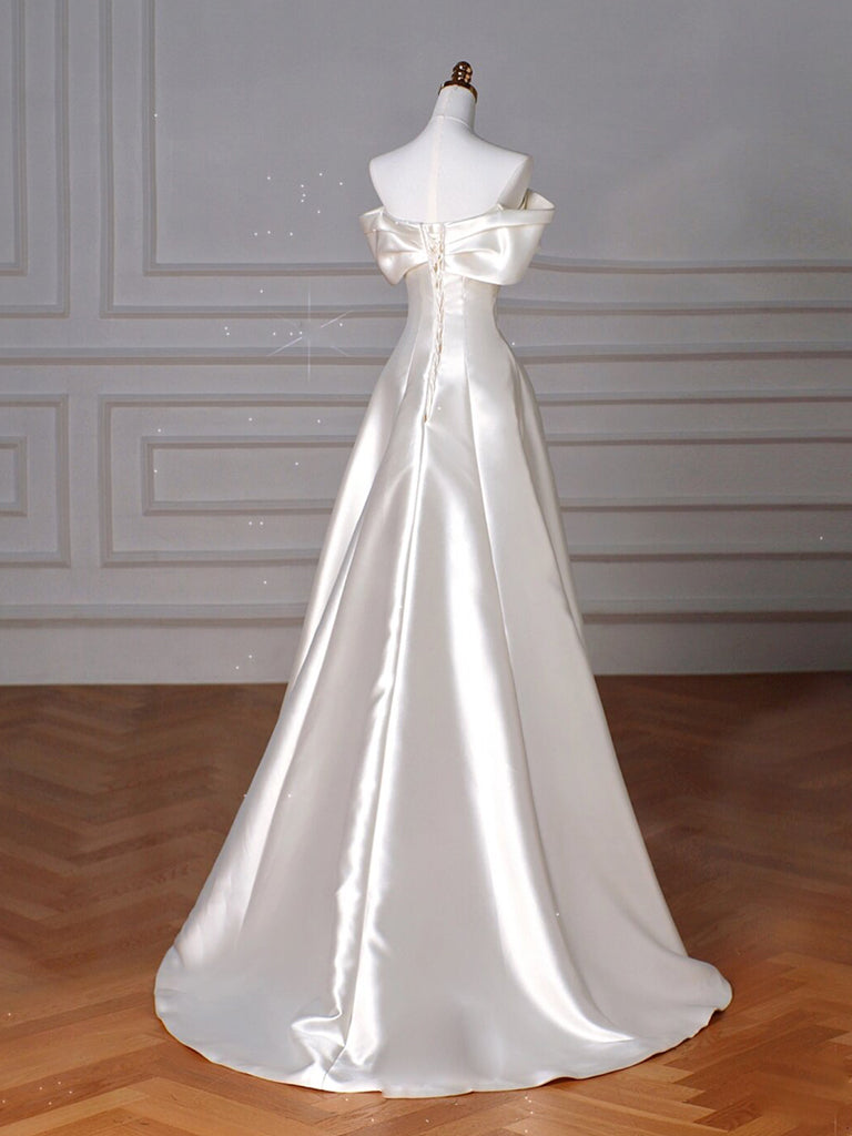 A-Line Off Shoulder Satin Beige Long Prom Dress, Beige Long Formal Dress