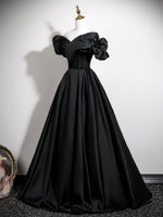 A-Line Off Shoulder Satin Black Long Prom Dress, Black Formal Dress