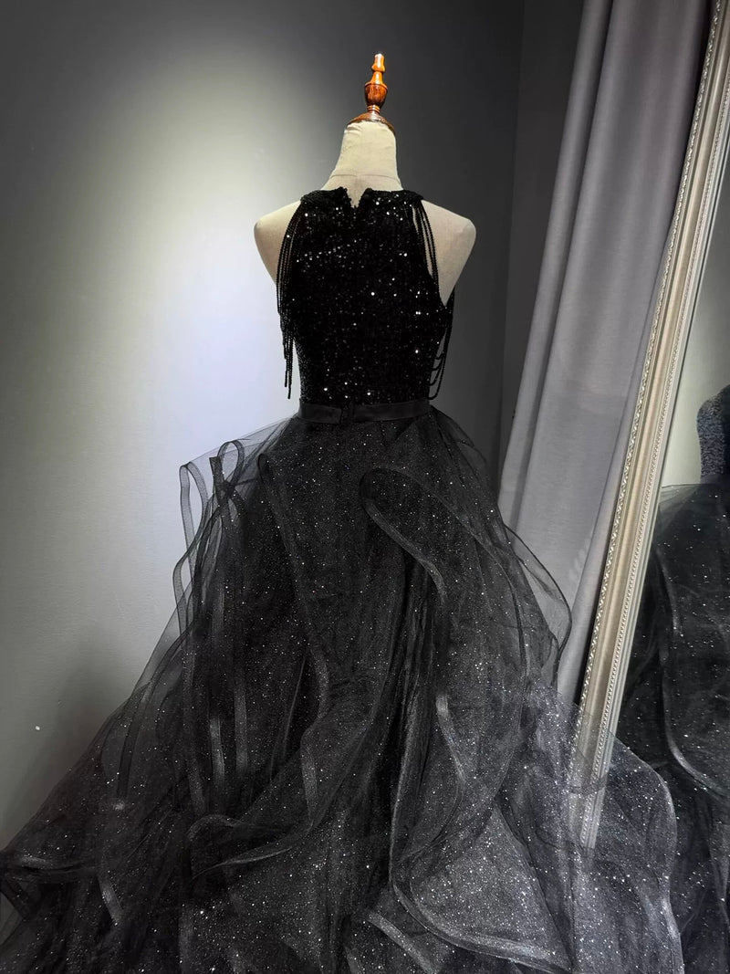 A-Line High Neck Tulle Ball Gown Sequin Black Prom Dress with Beads shopluu A-Line High Neck Tulle Ball Gown Sequin Black Prom Dress with Beads shopluu