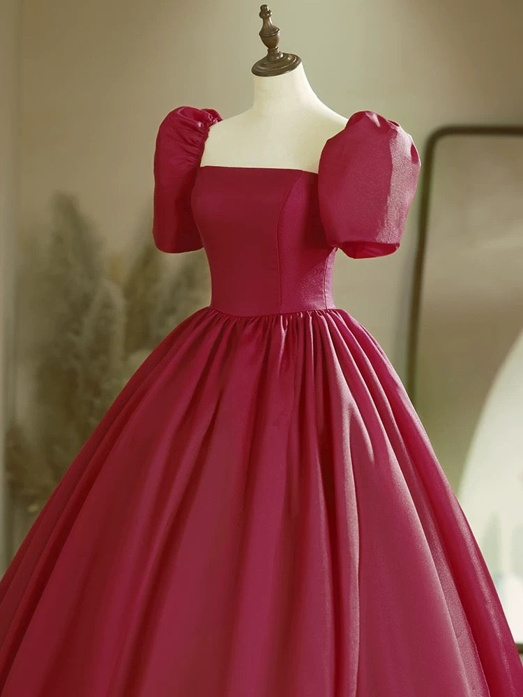 A-Line Puff Sleeves Burgundy Long Prom Dress, Burgundy Long Formal Dress