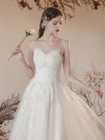 A-Line Tulle Lace Tea Length White Prom Dress, White Long Formal Dreess