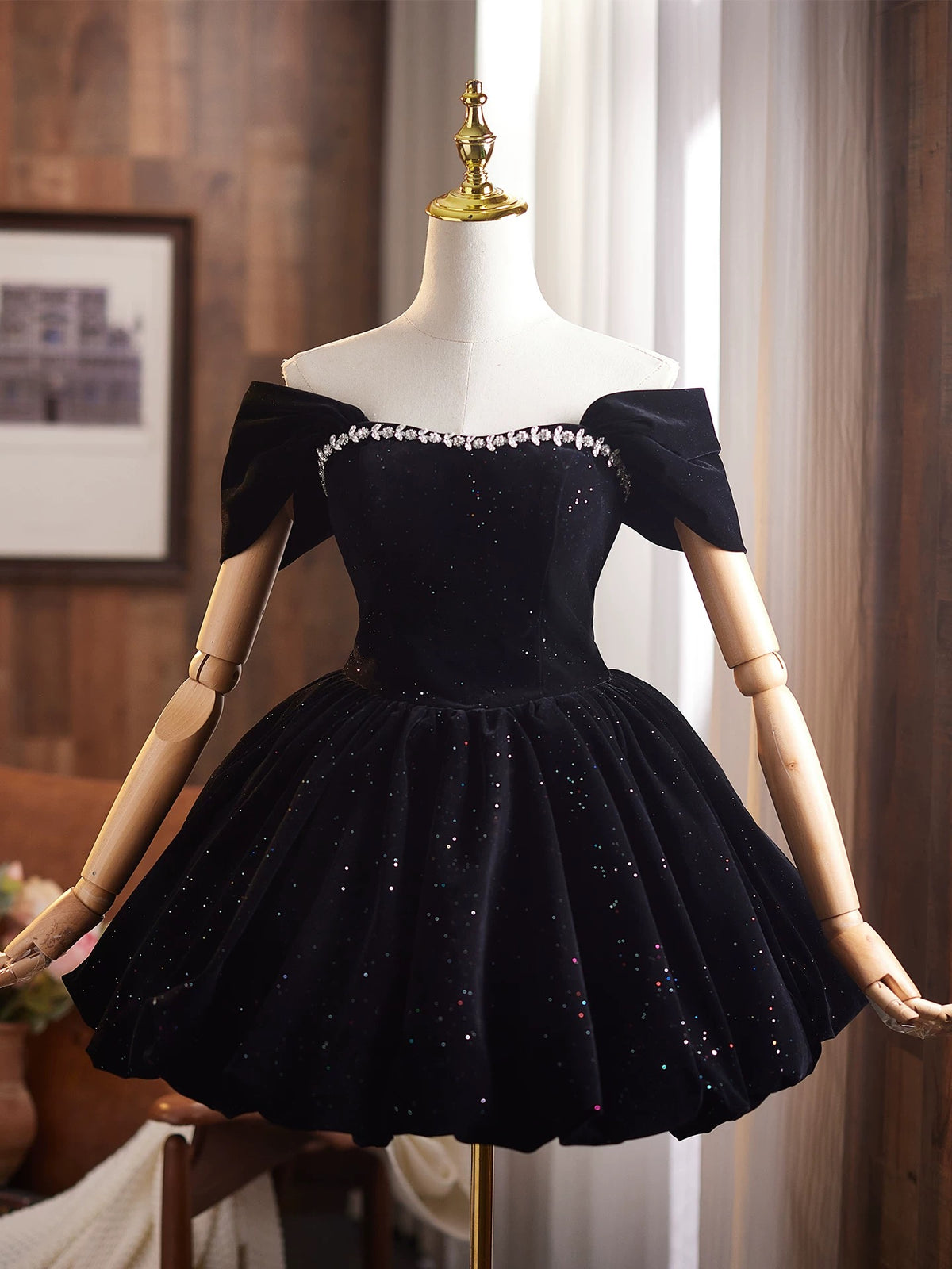 A-Line Off Shoulder Mini Black Short Prom Dress, Black Homecoming Dress