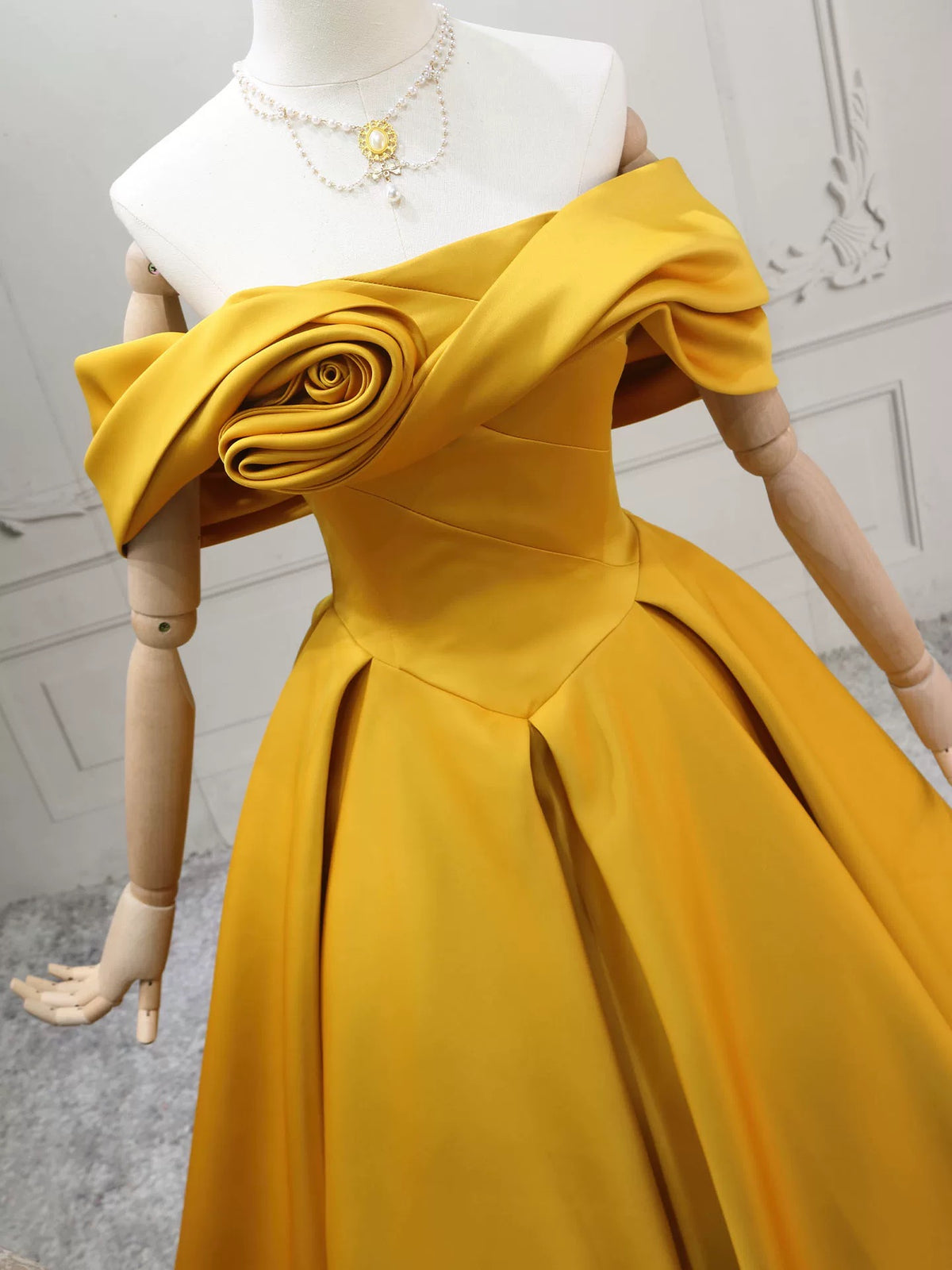 A-Line Off Shoulder Satin Yellow Long Prom Dress, Yellow Long Formal Dress