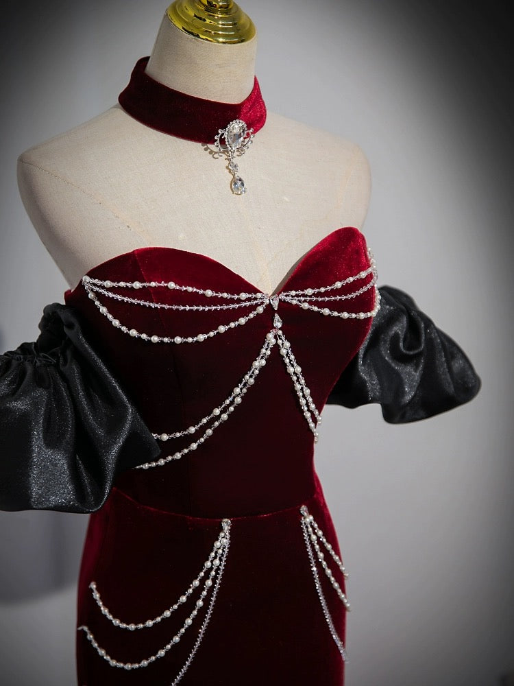Trumpet/Mermaid Velvet Burgundy Long Prom Dress with Beads