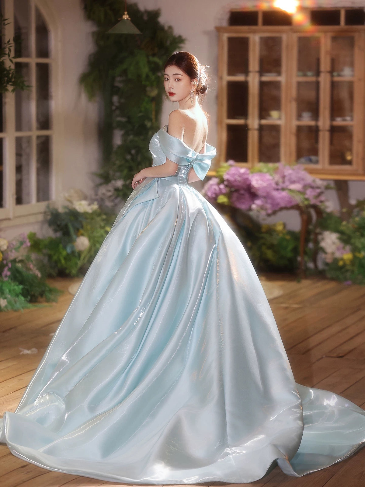 Ball Gown A-line Satin Sweep Train Blue Long Prom Dress