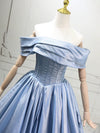 A-line Off Shoulder Satin Blue Long Prom Dress, Blue Long Formal Dress