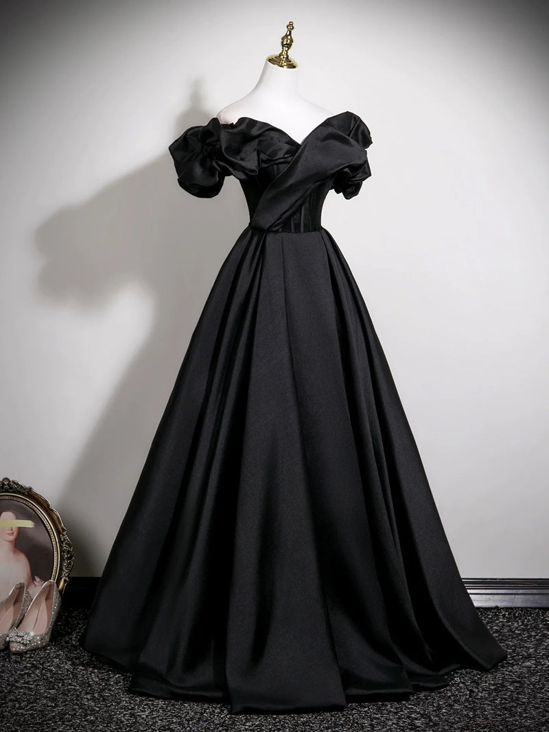 A-Line Off Shoulder Satin Black Long Prom Dress, Black Formal Dress