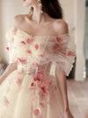 A-Line Off Shoulder Tulle Champagne Long Prom Dress, Champagne Long Formal Dress