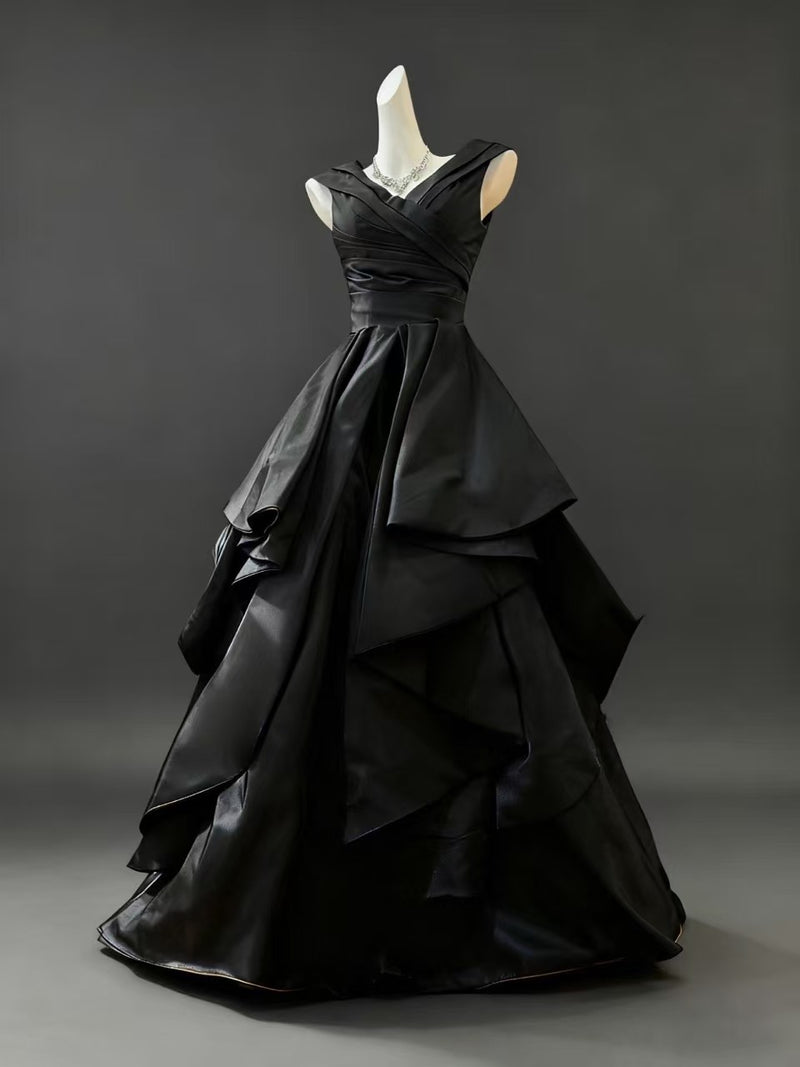 A-line V Neck Satin Floor Length Black Prom Dress, Black Formal Dress