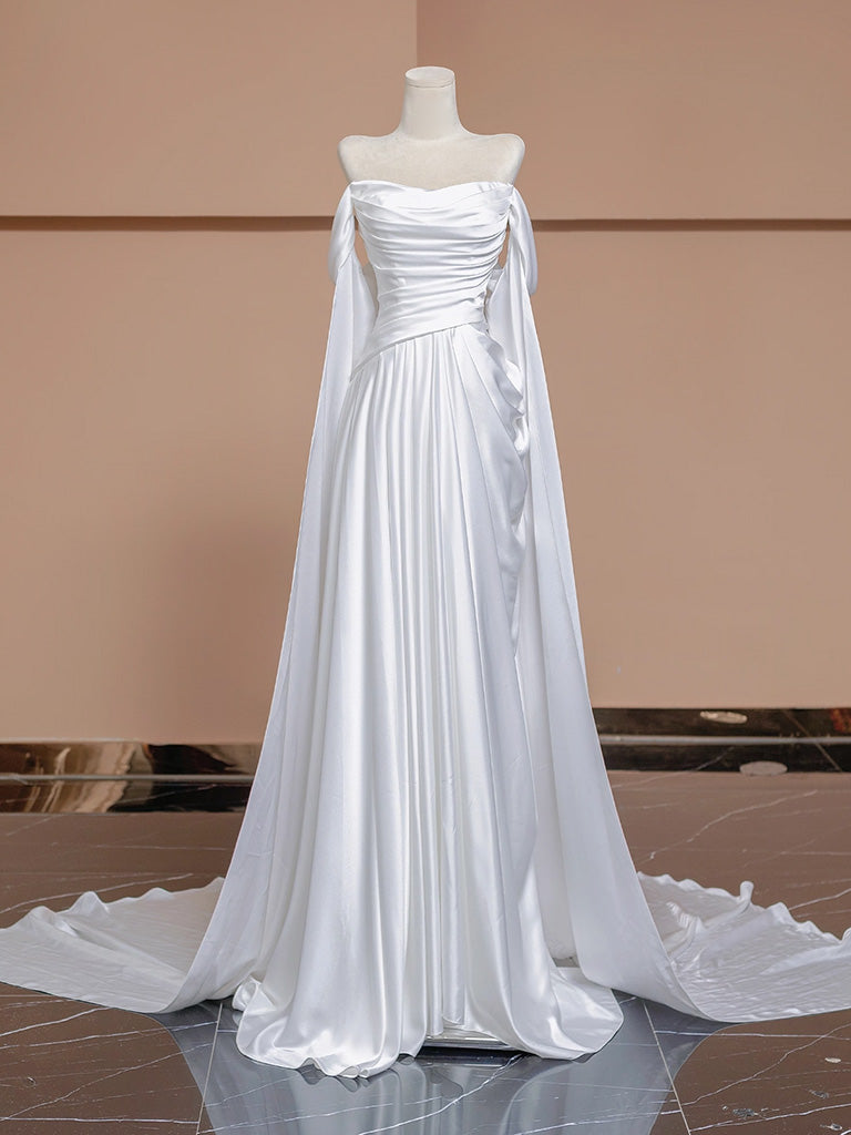 A-Line White Satin Long Prom Dress, White Long Formal Dress