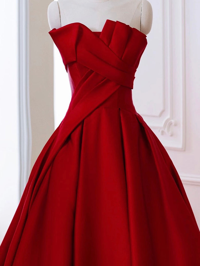 A-Line Satin Burgundy Long Prom Dress, Burgundy Long Formal Dress