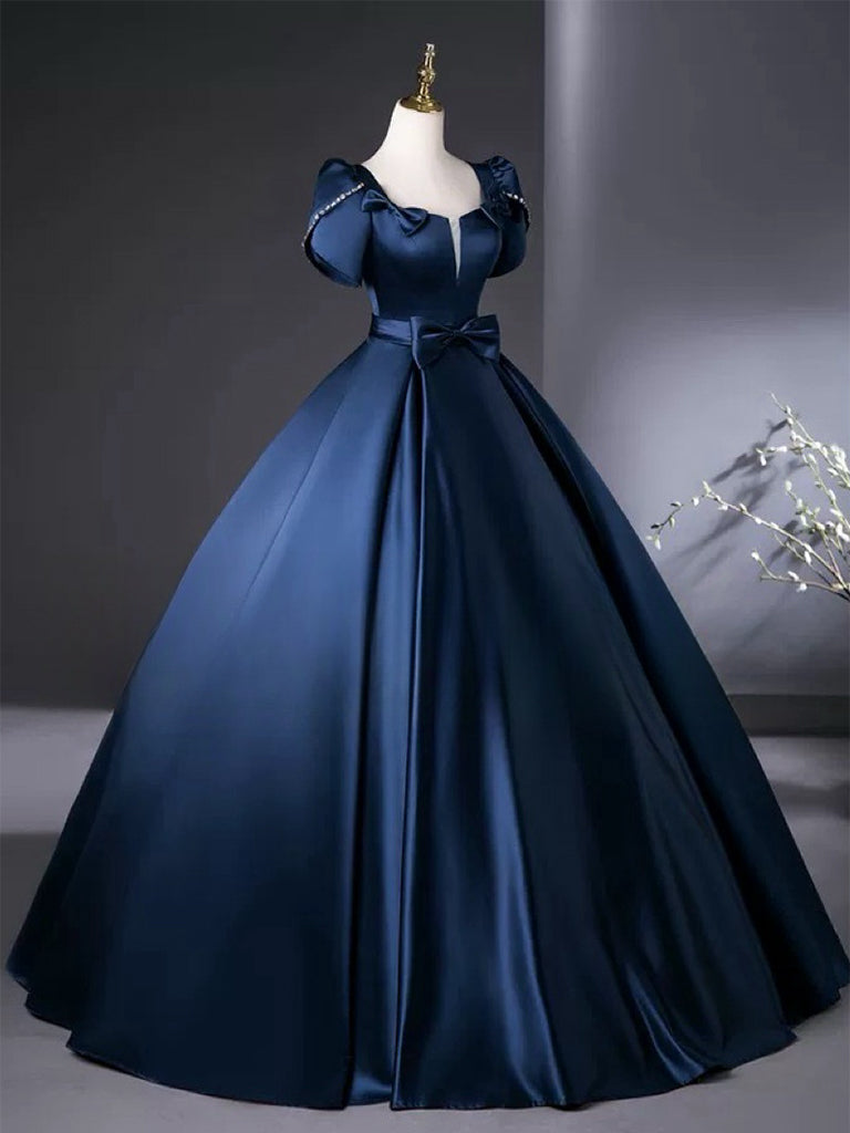 A-Line Satin Dark Blue Long Prom Dress, Dark Blue Long Formal Dress