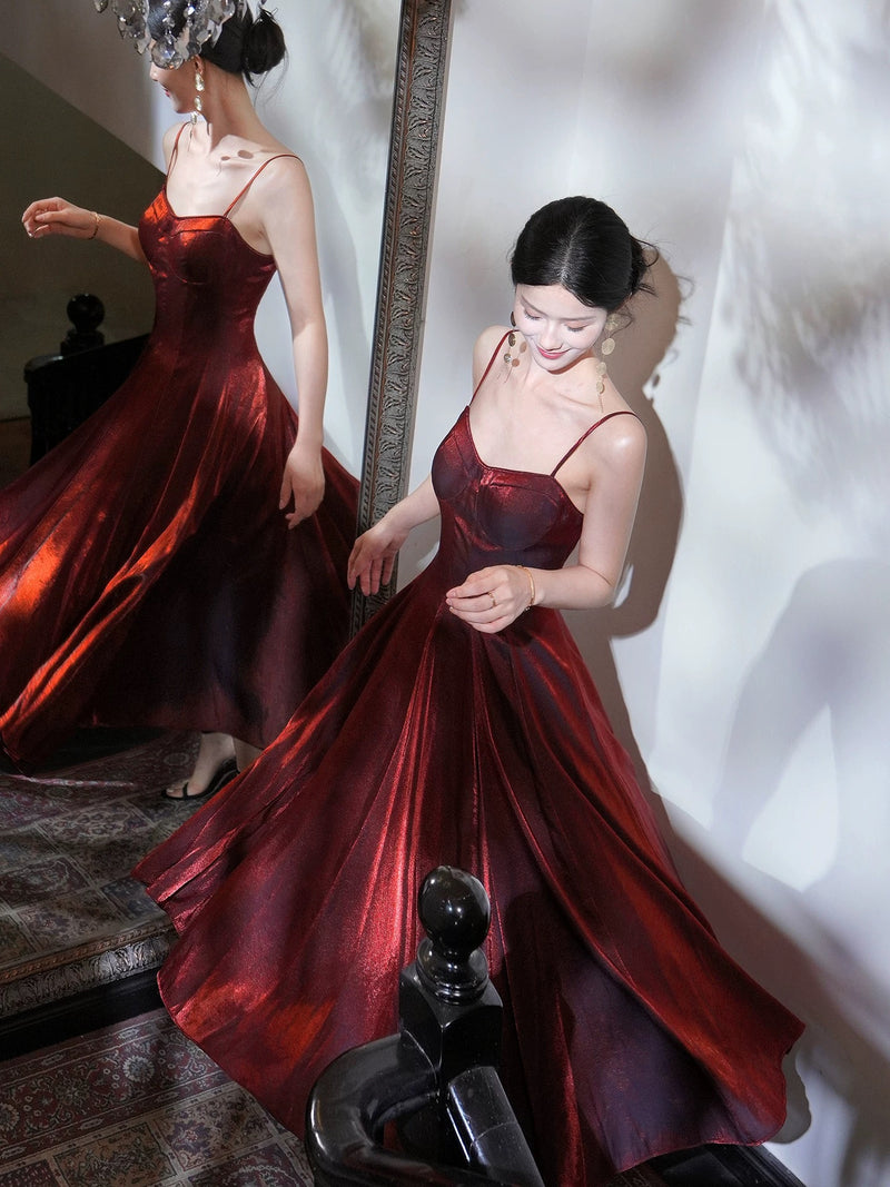 A-Line Sweetheart Neck Tea-Length Burgundy Prom Dress, Burgundy Formal Dress