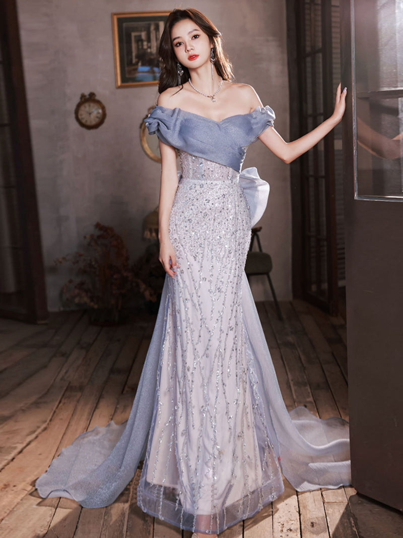 Blue Off Shoulder Tulle Sequin Mermaid Long Prom Dress, Blue Formal Dress