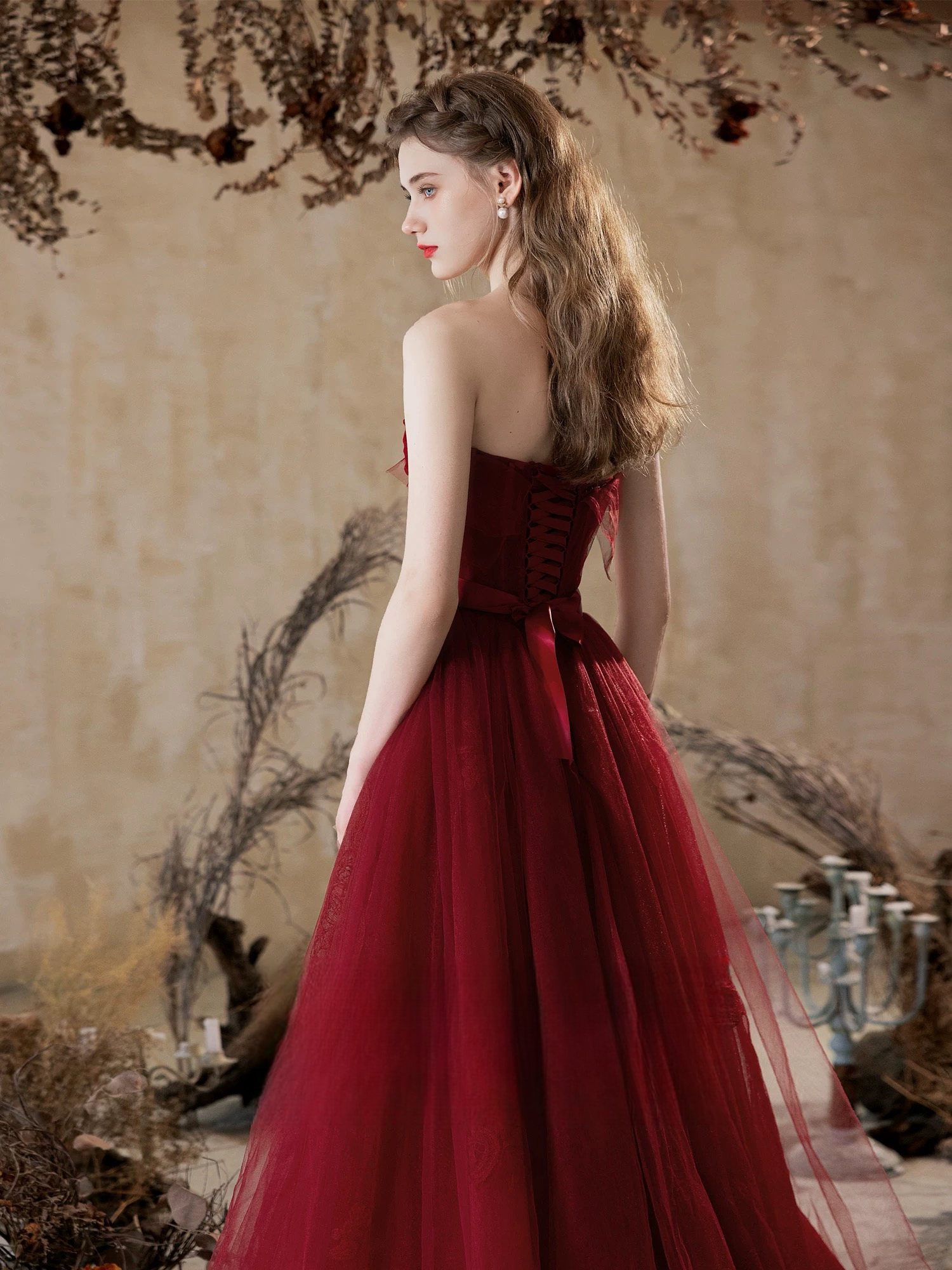 A-Line Tulle Lace Burgundy Long Prom Dress, Burgundy Long Graduation D
