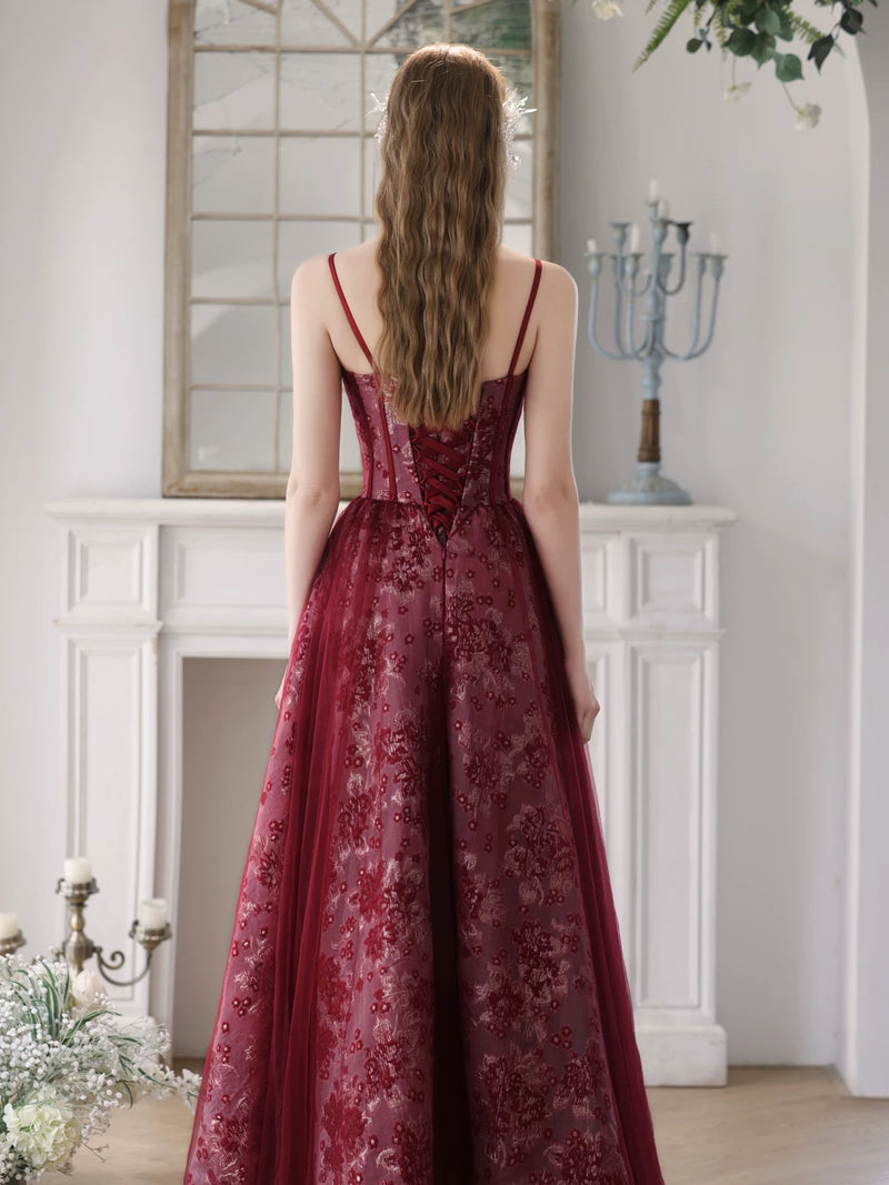 A-Line Tulle Lace Burgundy Long Prom Dress, Burgundy Long Formal Dress