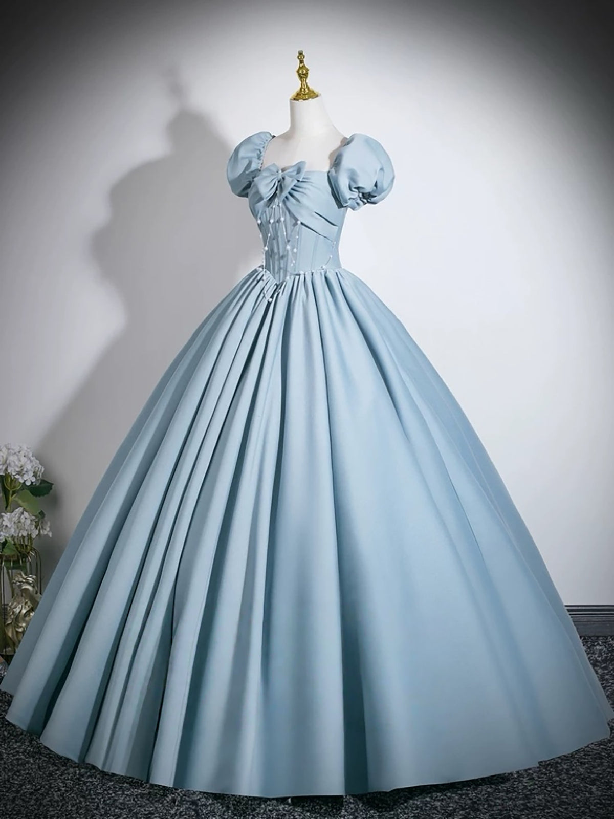 A-line Puff Sleeves Satin Floor Length Blue Long Prom Dress with Beads