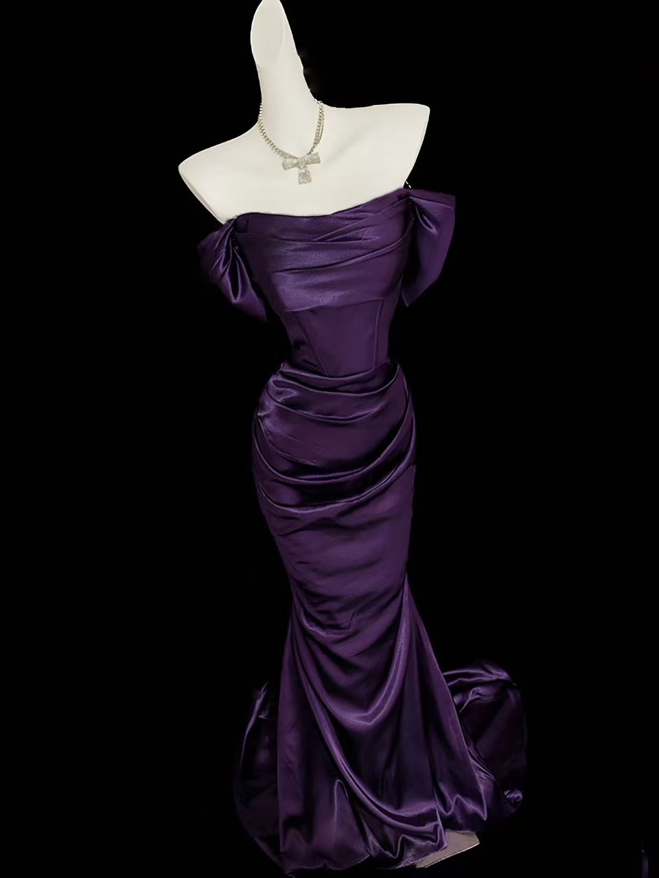 Mermaid Off Shoulder Satin Purple Long Prom Dress, Purple Formal Dress