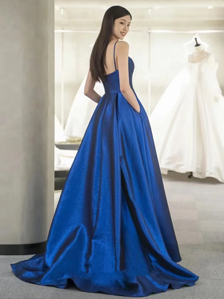 A-Line Sweetheart Neck Satin Blue Long Prom Dress, Blue Long Formal Dr – shopluu
