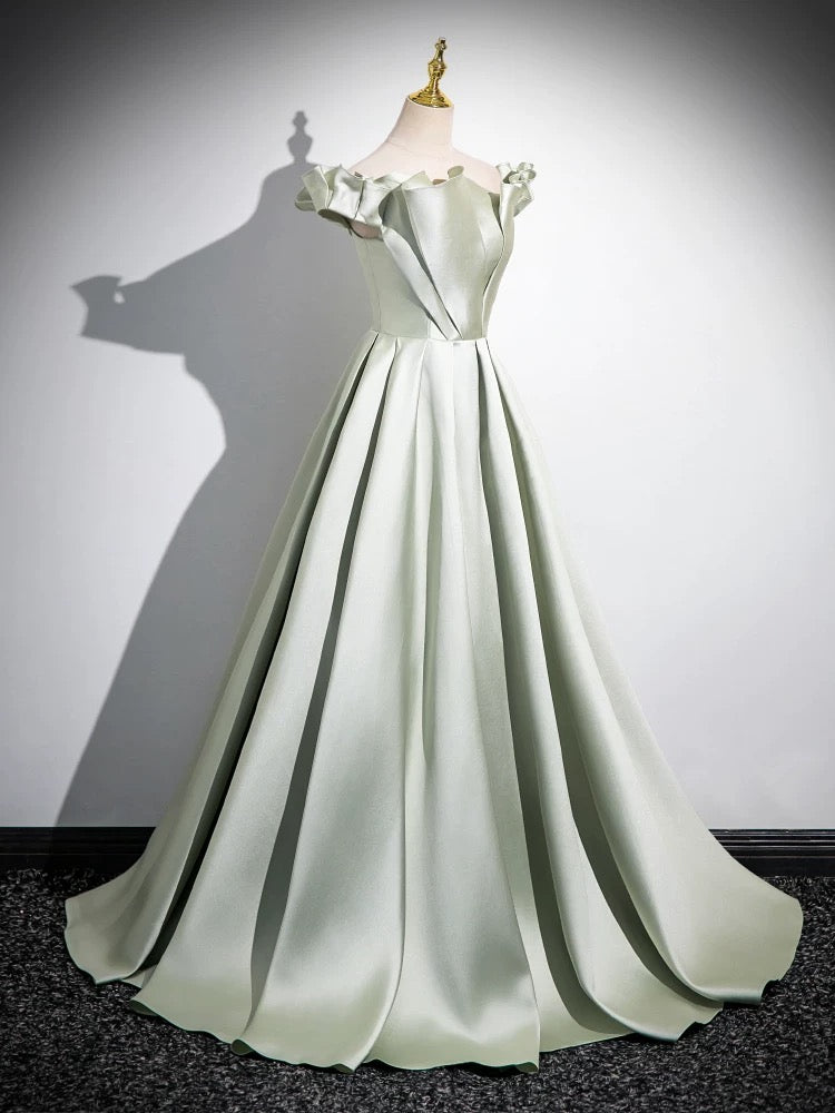 A-Line Off Shoulder Satin Light Green Long Prom Dress, Green Long Formal Dress