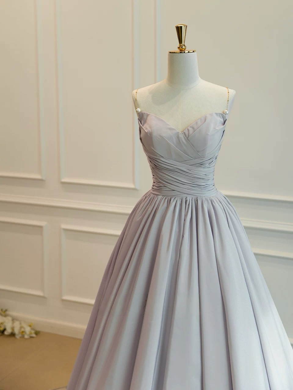 A-Line V Neck Taffeta Champagne Long Prom Dress, Champagne Long Evening Dress