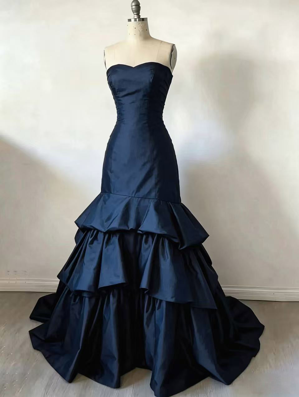 Mermaid Sweetheart Floor Length Taffeta Dark Blue Prom Dress