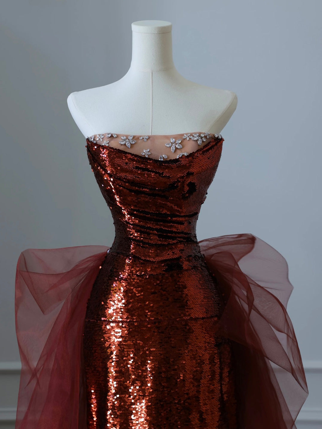 A-Line Floor Length Tulle Sequin Burgundy Prom Dress
